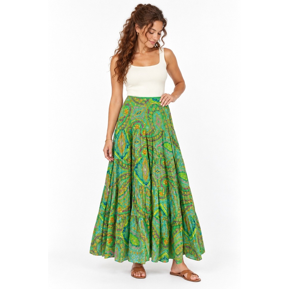 VTG Lauren Ralph Lauren Paisley Tiered Maxi Skirt M Green Cotton Boho Resort